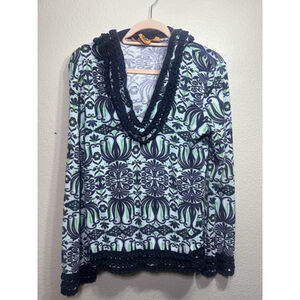 Tory Burch Navy & Green Hooded Terry Cloth Tunic Size Small Beach Resortwear